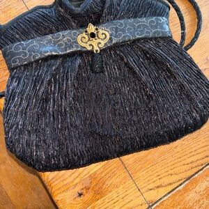 VintageSharif Black Pleated Evening Bag Clutch Tassel Purse